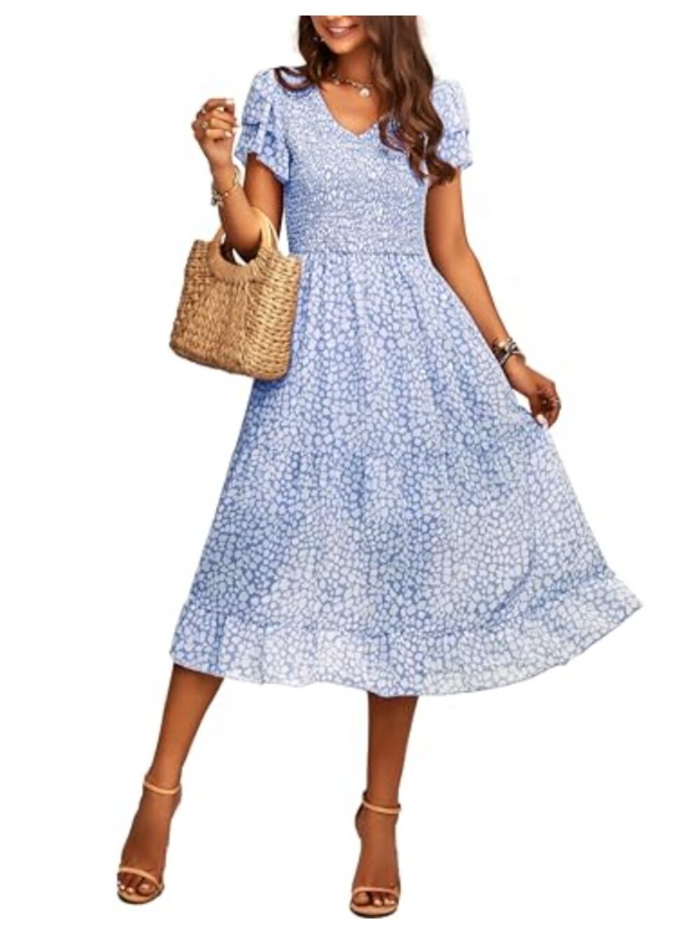 Flowy Floral Ruffle Sleeve Midi Dress Smocked V Neck Boho Wedding Guest